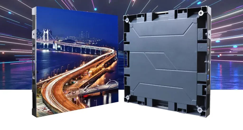 Indoor LED display paneel voor- en achterkant met stadsgezicht bij nacht — modulair LED scherm voor winkel of kantoor