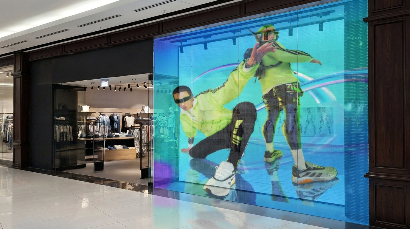 Transparante LED film op etalageruit — krachtig visueel display voor retail en winkels
